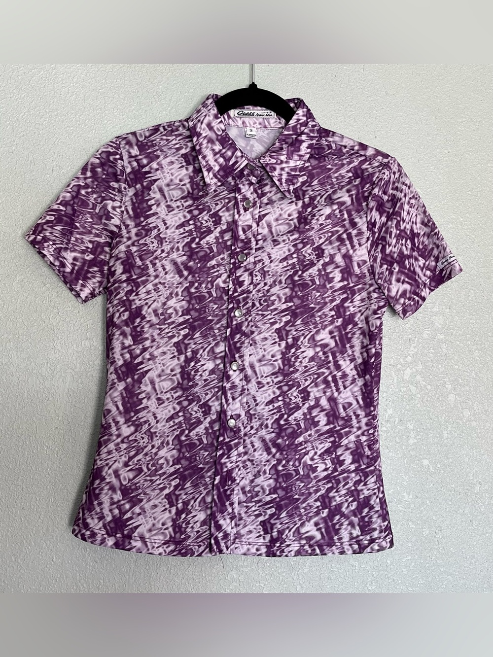 Vintage GUESS Womens Short Sleeve Button Up Purple Shirt Size Small Made In USA